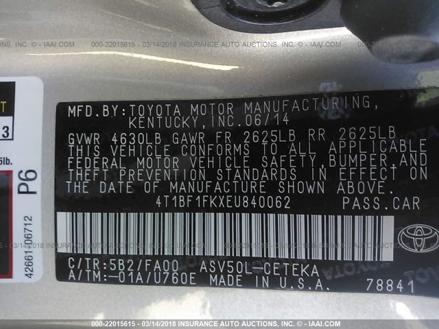 4T1BF1FKXEU840062 - 2014 TOYOTA CAMRY L/SE/LE/XLE 金色 照片 9