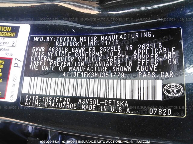 4T1BF1FK3HU351779 - 2017 TOYOTA CAMRY LE/XLE/SE/XSE 黑色 照片 9