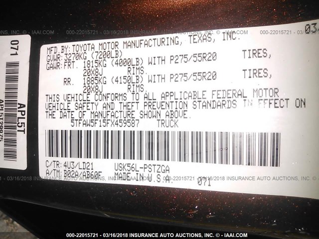 5TFAW5F15FX459587 - 2015 TOYOTA TUNDRA CREWMAX 1794/PLATINUM 棕色 照片 9