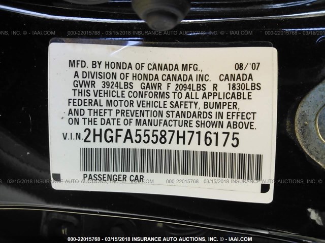 2HGFA55587H716175 - 2007 HONDA CIVIC SI BLACK photo 9