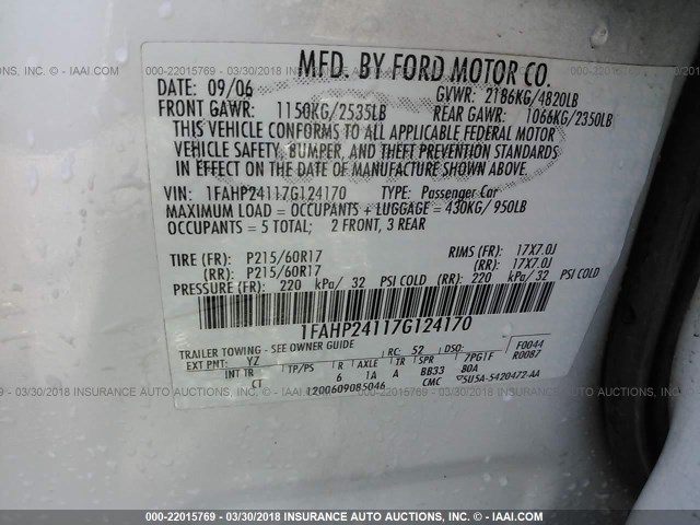 1FAHP24117G124170 - 2007 FORD FIVE HUNDRED SEL WHITE photo 9