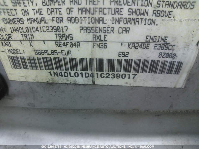 1N4DL01D41C239017 - 2001 NISSAN ALTIMA XE/GXE/SE SILVER photo 9