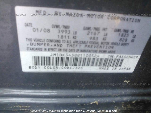 JM1BK343881100524 - 2008 MAZDA 3 HATCHBACK GRAY photo 9