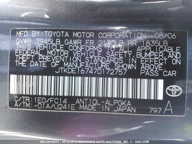 JTKDE167470172757 - 2007 TOYOTA SCION TC BLUE photo 9