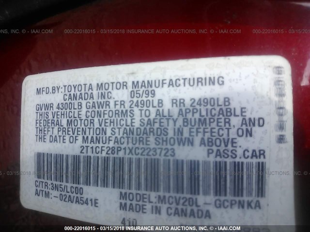 2T1CF28P1XC223723 - 1999 TOYOTA CAMRY SOLARA SE/SLE RED photo 9