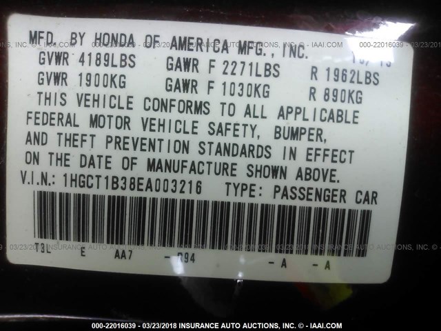 1HGCT1B38EA003216 - 2014 HONDA Accord LX-S RED photo 9