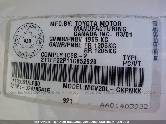 2T1FF22P11C852928 - 2001 TOYOTA CAMRY SOLARA SE/SLE თეთრი ფოტო 9