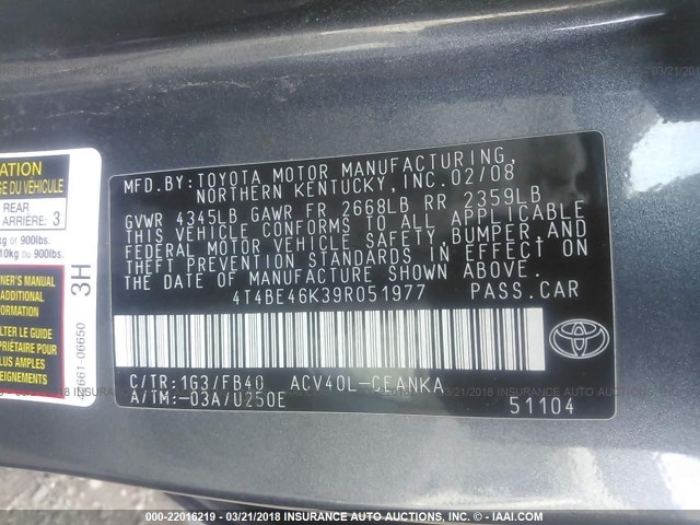 4T4BE46K39R051977 - 2009 TOYOTA CAMRY SE/LE/XLE GRAY photo 9