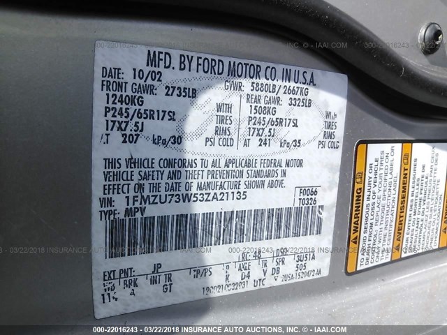 1FMZU73W53ZA21135 - 2003 FORD EXPLORER XLT/XLT SPORT/NBX 灰色 照片 9