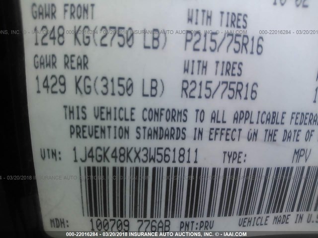 1J4GK48KX3W561811 - 2003 JEEP LIBERTY SPORT/FREEDOM მუქწითელი ფოტო 9