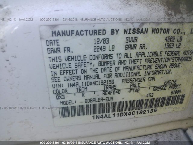 1N4AL11DX4C182156 - 2004 NISSAN ALTIMA S/SL WHITE photo 9