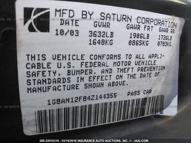 1G8AN12F84Z144355 - 2004 SATURN ION LEVEL 2 黑色 照片 9