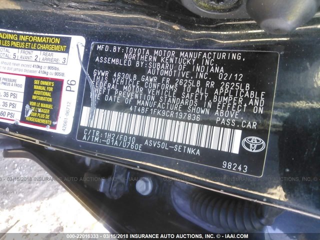 4T4BF1FK9CR197836 - 2012 TOYOTA CAMRY SE/LE/XLE შავი ფოტო 9