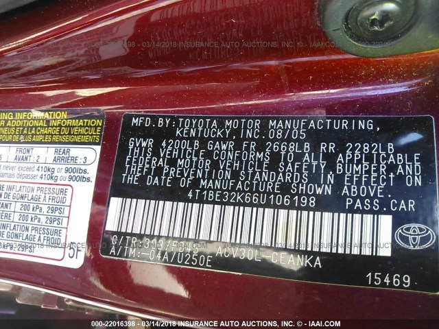 4T1BE32K66U106198 - 2006 TOYOTA CAMRY LE/XLE/SE MAROON photo 9