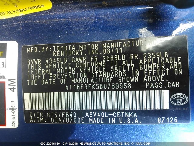 4T1BF3EK5BU769958 - 2011 TOYOTA CAMRY SE/LE/XLE BLUE photo 9