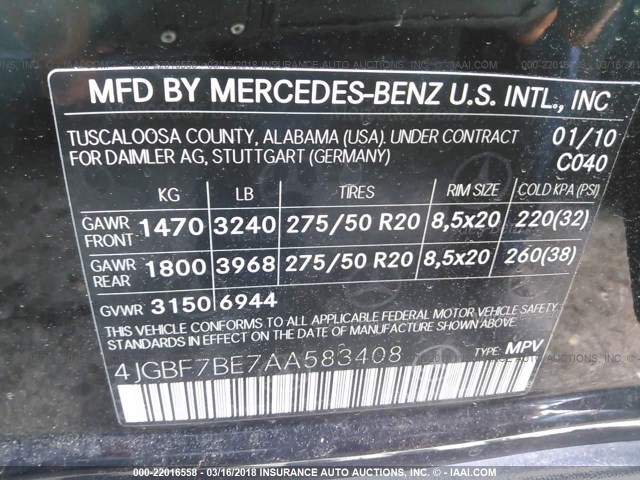 4JGBF7BE7AA583408 - 2010 MERCEDES-BENZ GL 450 4MATIC BLACK photo 9