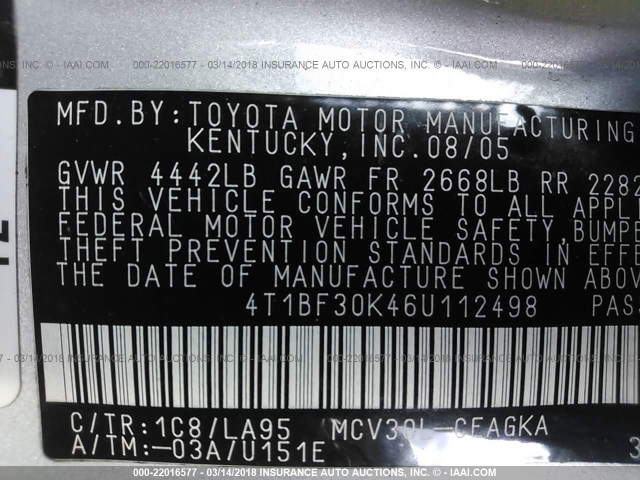 4T1BF30K46U112498 - 2006 TOYOTA CAMRY LE/XLE/SE ვერცხლისფერი ფოტო 9