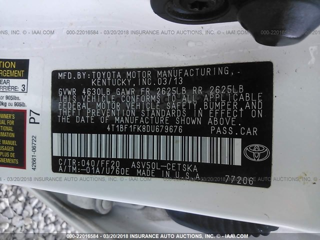 4T1BF1FK8DU679676 - 2013 TOYOTA CAMRY L/SE/LE/XLE WHITE photo 9