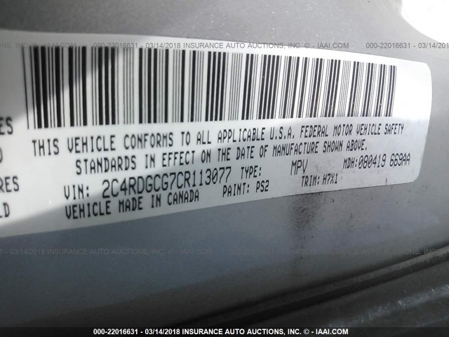 2C4RDGCG7CR113077 - 2012 DODGE GRAND CARAVAN SXT SILVER photo 9