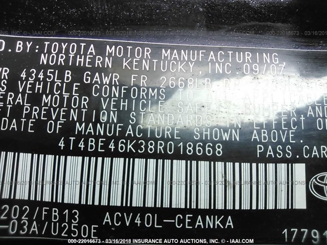 4T4BE46K38R018668 - 2008 TOYOTA CAMRY CE/LE/XLE/SE BLACK photo 9