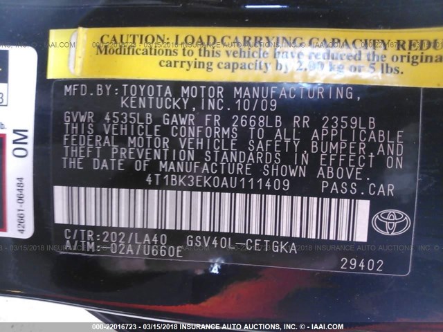4T1BK3EK0AU111409 - 2010 TOYOTA CAMRY SE/LE/XLE Черный фото 9