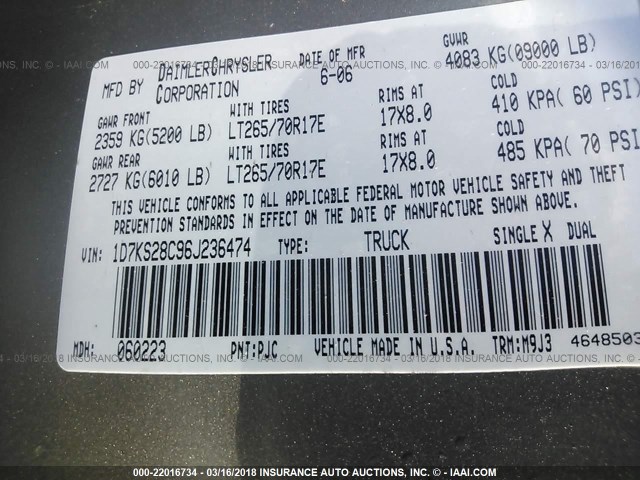 1D7KS28C96J236474 - 2006 DODGE RAM 2500 ST/SLT 金色 照片 9