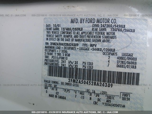 2FMZA50452BA24389 - 2002 FORD WINDSTAR LX WHITE photo 9