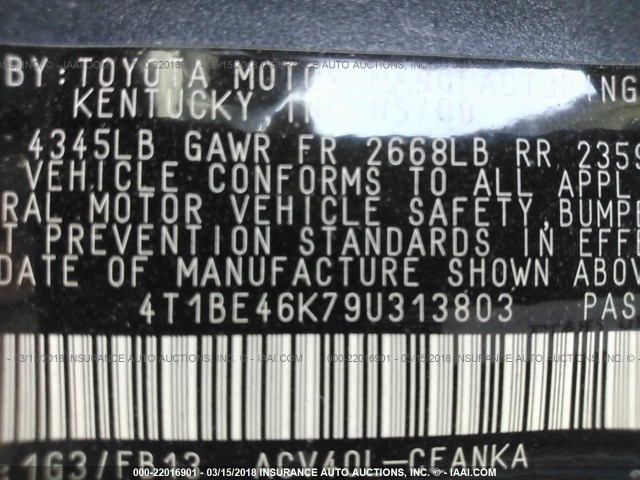 4T1BE46K79U313803 - 2009 TOYOTA CAMRY SE/LE/XLE GRAY photo 9