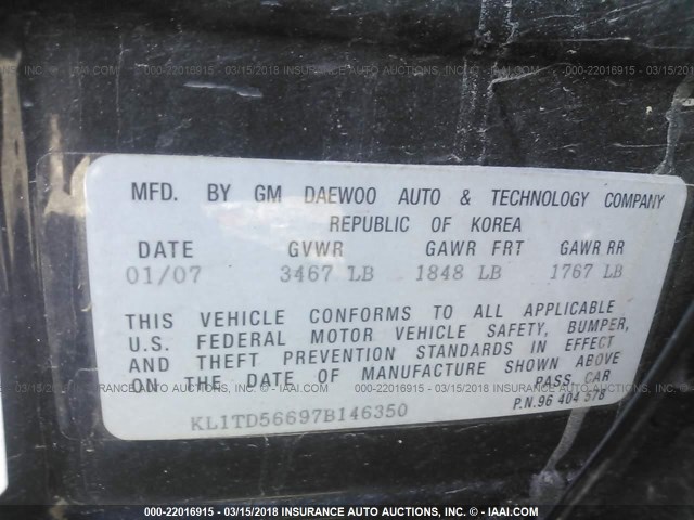 KL1TD56697B146350 - 2007 CHEVROLET AVEO LS BLACK photo 9