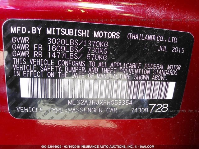 ML32A3HJXFH053354 - 2015 MITSUBISHI MIRAGE DE RED photo 9
