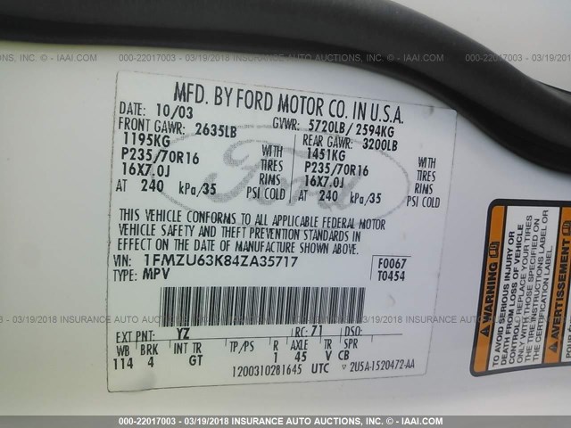 1FMZU63K84ZA35717 - 2004 FORD EXPLORER XLT/XLT SPORT/NBX WHITE photo 9