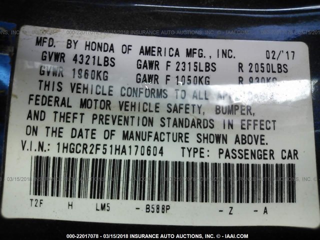 1HGCR2F51HA170604 - 2017 HONDA ACCORD SPORT 蓝色 照片 9