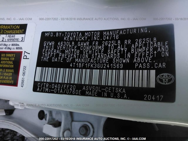 4T1BF1FK3GU241569 - 2016 TOYOTA CAMRY LE/XLE/SE/XSE WHITE photo 9