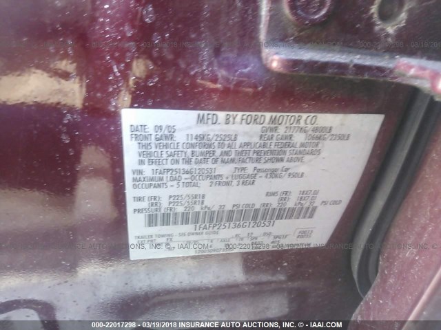 1FAFP25136G120531 - 2006 FORD FIVE HUNDRED LIMITED RED photo 9