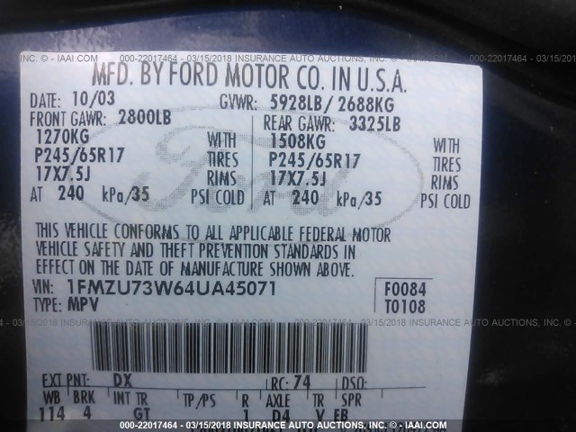 1FMZU73W64UA45071 - 2004 FORD EXPLORER XLT/XLT SPORT/NBX BLUE photo 9