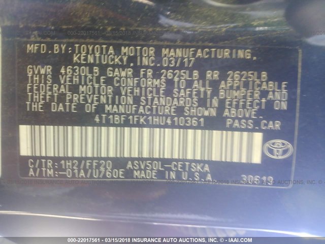 4T1BF1FK1HU410361 - 2017 TOYOTA CAMRY LE/XLE/SE/XSE BLACK photo 9