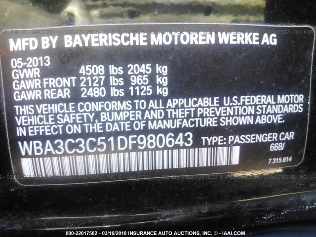 WBA3C3C51DF980643 - 2013 BMW 320 I/XDRIVE BLACK photo 9
