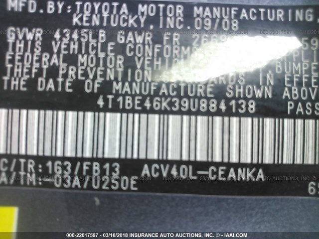 4T1BE46K39U884138 - 2009 TOYOTA CAMRY SE/LE/XLE GRAY photo 9