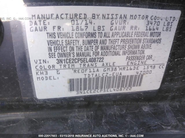 3N1CE2CP5EL408722 - 2014 NISSAN VERSA NOTE S/S PLUS/SV/SL BLACK photo 9