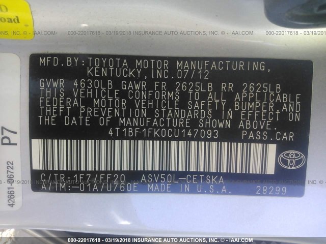 4T1BF1FK0CU147093 - 2012 TOYOTA CAMRY SE/LE/XLE 银色 照片 9