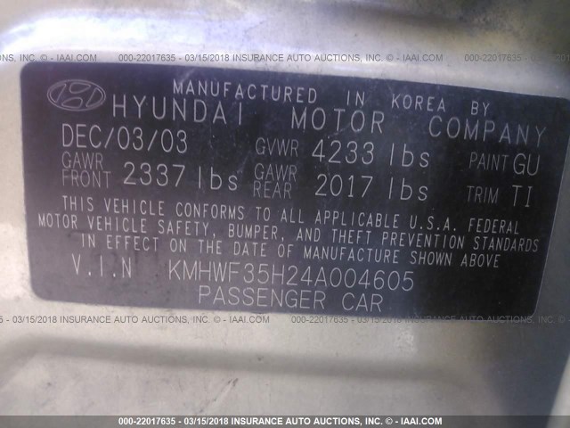 KMHWF35H24A004605 - 2004 HYUNDAI SONATA GLS/LX GOLD photo 9