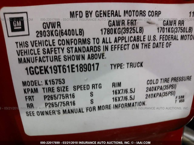 1GCEK19T61E189017 - 2001 CHEVROLET SILVERADO K1500 RED photo 9