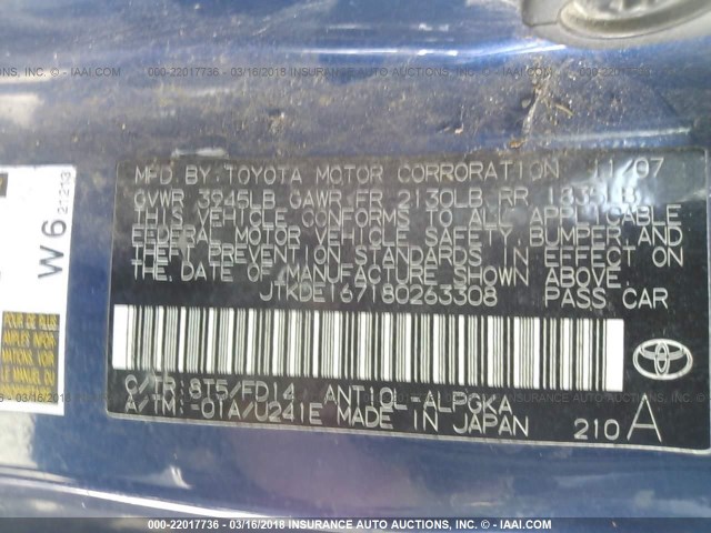 JTKDE167180263308 - 2008 TOYOTA SCION TC 蓝色 照片 9