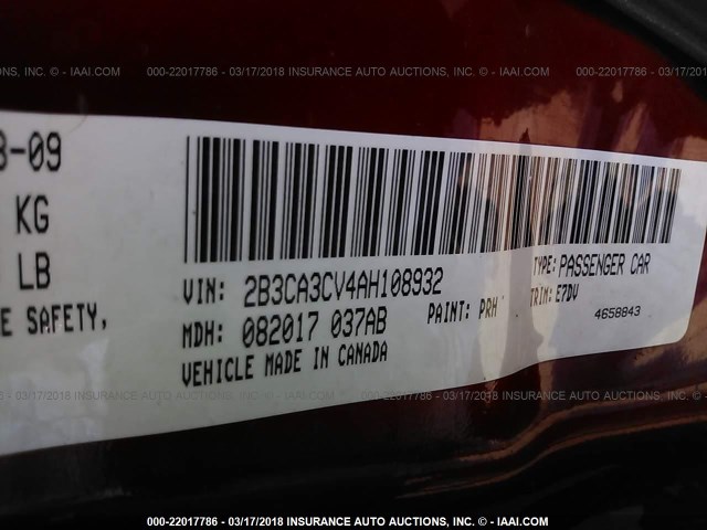 2B3CA3CV4AH108932 - 2010 DODGE CHARGER SXT RED photo 9