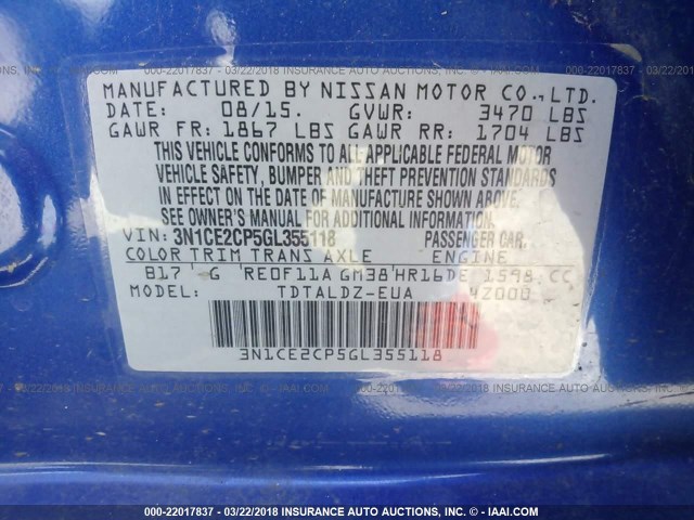 3N1CE2CP5GL355118 - 2016 NISSAN VERSA NOTE S/S PLUS/SV/SL/SR BLUE photo 9