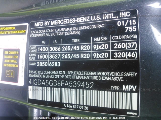 4JGDA5GB8FA539452 - 2015 MERCEDES-BENZ ML 400 4MATIC GRAY photo 9