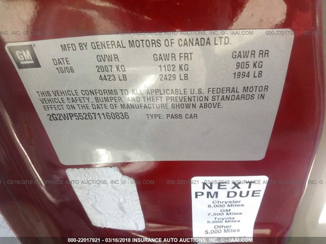 2G2WP552671160836 - 2007 PONTIAC GRAND PRIX RED photo 9