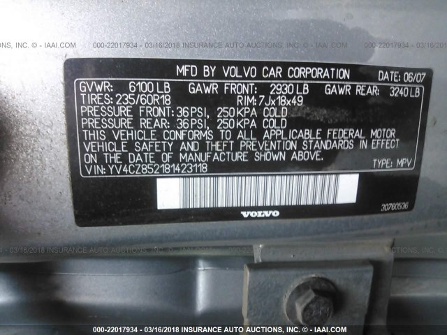 YV4CZ852181423118 - 2008 VOLVO XC90 V8 SILVER photo 9