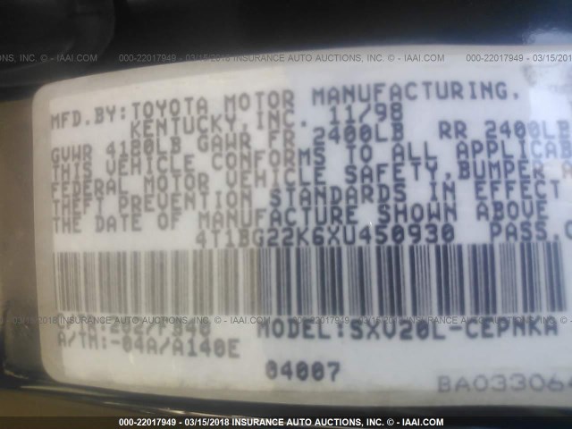 4T1BG22K6XU450930 - 1999 TOYOTA CAMRY CE/LE/XLE შავი ფოტო 9