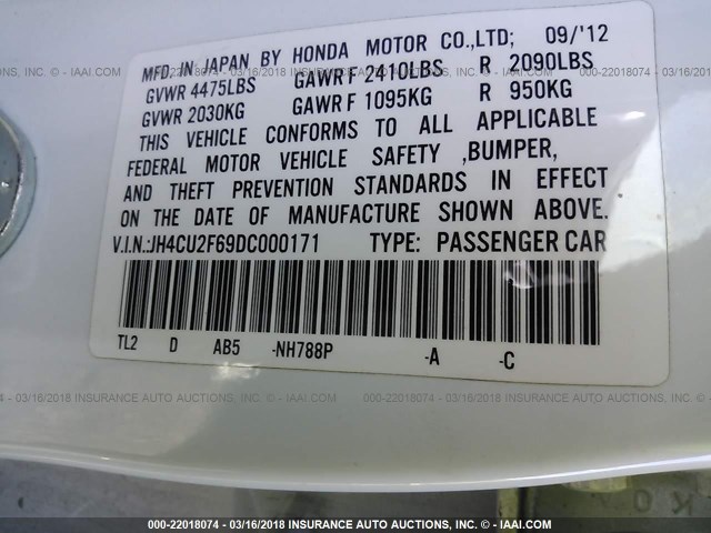 JH4CU2F69DC000171 - 2013 ACURA TSX TECH WHITE photo 9